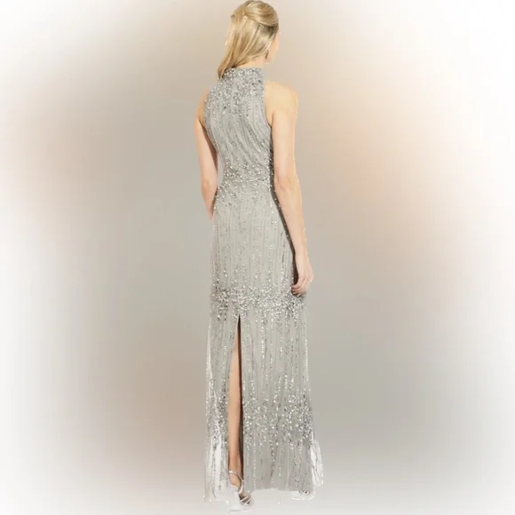 Adrianna Papell Beaded Halter Gown with Mock Neckline in Blue Mist (Size 4P)